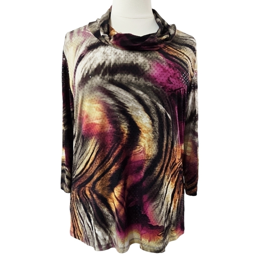 Susan Graver Multicolor Abstract Tiger Shine Effect Cowl Neck Tunic Relaxed Fit
